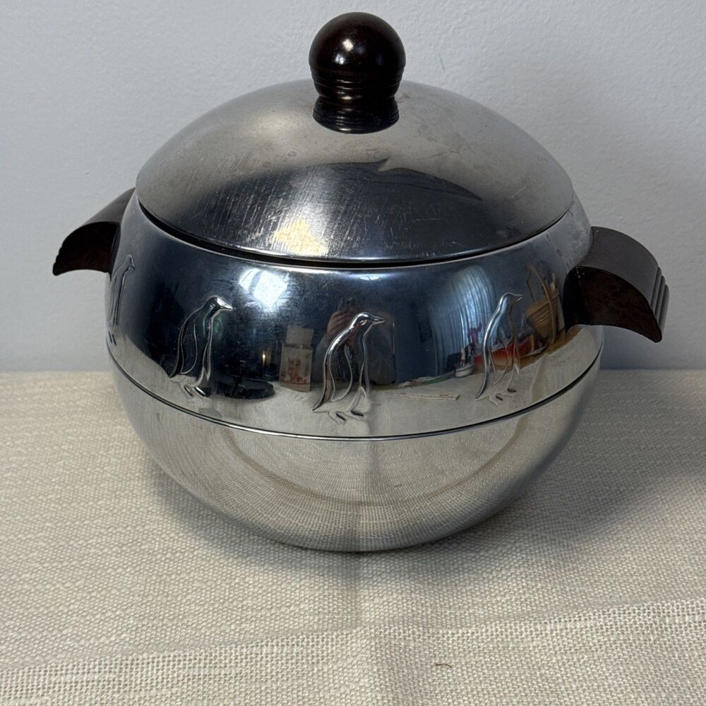 Vintage West Bend Penguin Hot Cold Server Ice Bucket Wooden Handle Retro